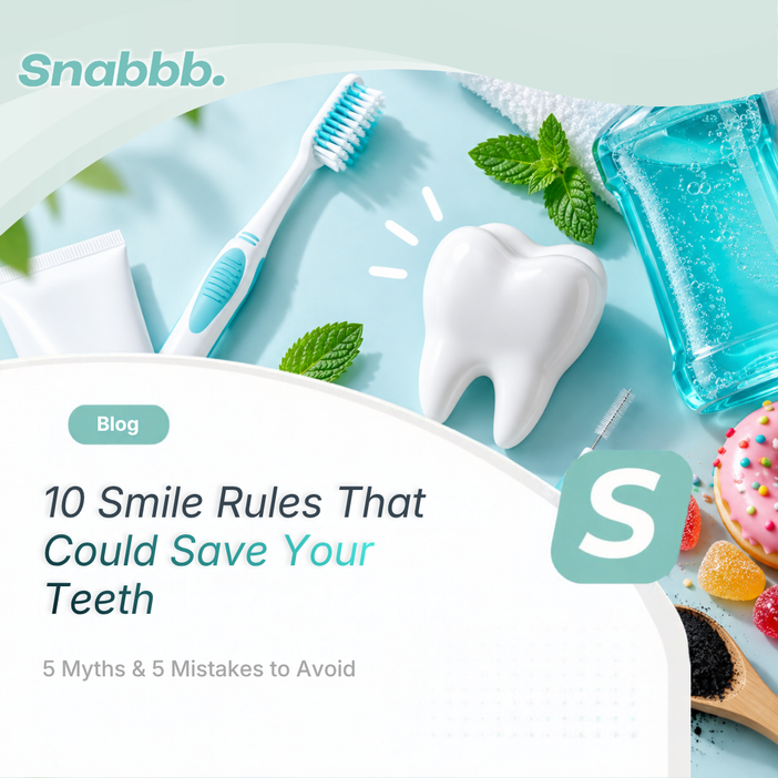 Dental care essentials including a toothbrush, toothpaste, floss, mouthwash and tooth model illustrating common dental myths, oral health mistakes and healthy smile habits.