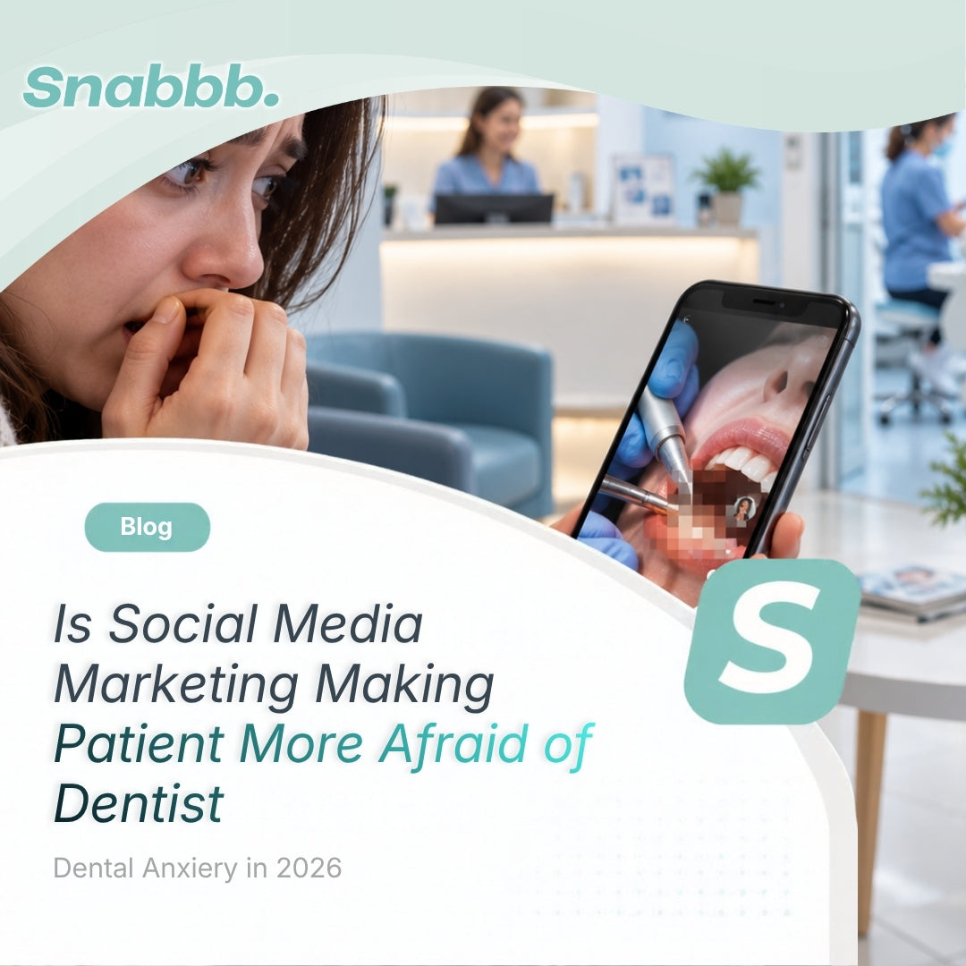 An anxious dental patient in a clinic waiting area watches a graphic dental procedure video on social media, illustrating how online dental content may contribute to dental anxiety and fear of treatment.