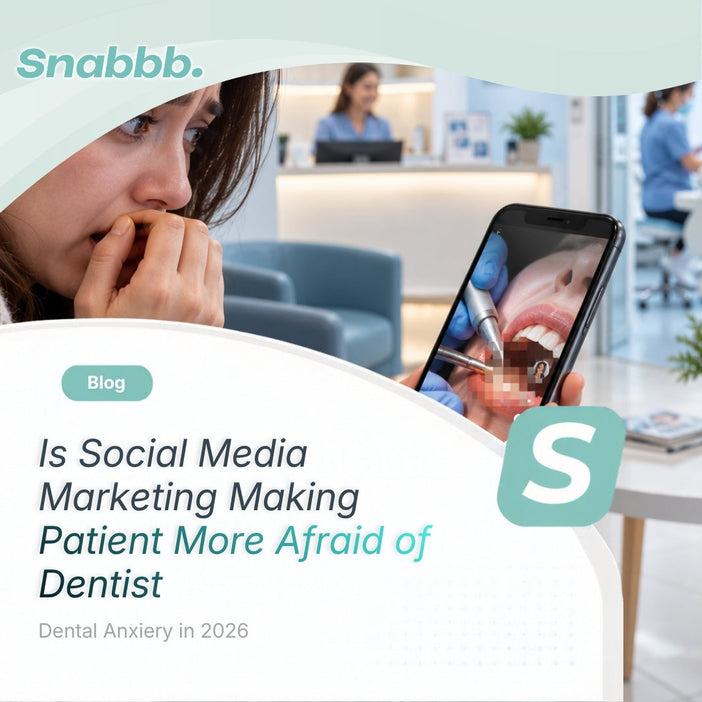 An anxious dental patient in a clinic waiting area watches a graphic dental procedure video on social media, illustrating how online dental content may contribute to dental anxiety and fear of treatment.