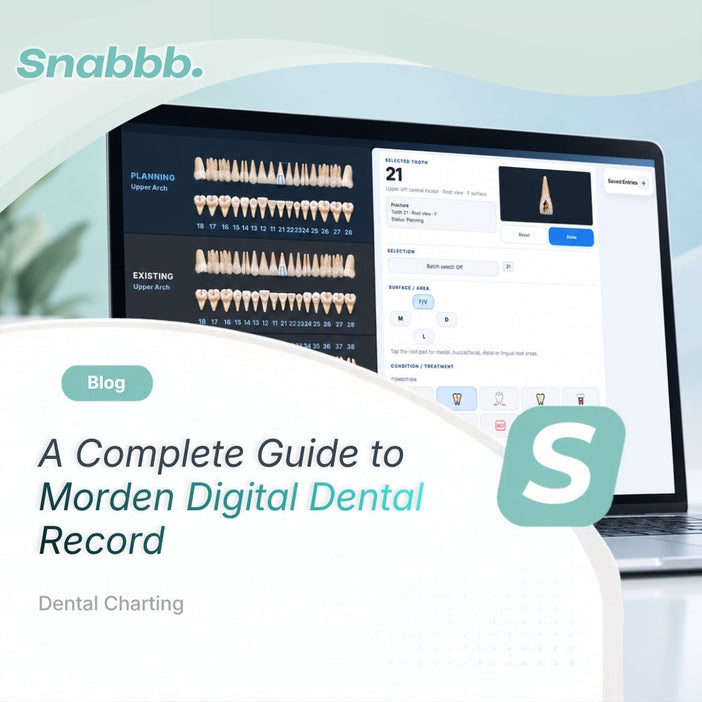 Snabbb dental charting interface displayed on a laptop, showing digital tooth records, treatment planning, selected tooth details, and dental condition tracking.