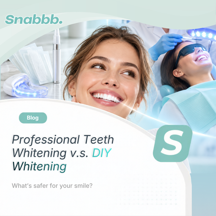 Professional teeth whitening compared with at-home DIY whitening methods, showing whitening strips, an LED whitening kit, and dentist-supervised treatment for a brighter smile.