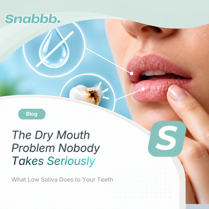 Close-up of a person experiencing dry mouth, with visual icons showing reduced saliva and tooth decay, illustrating how low saliva can increase cavity risk.