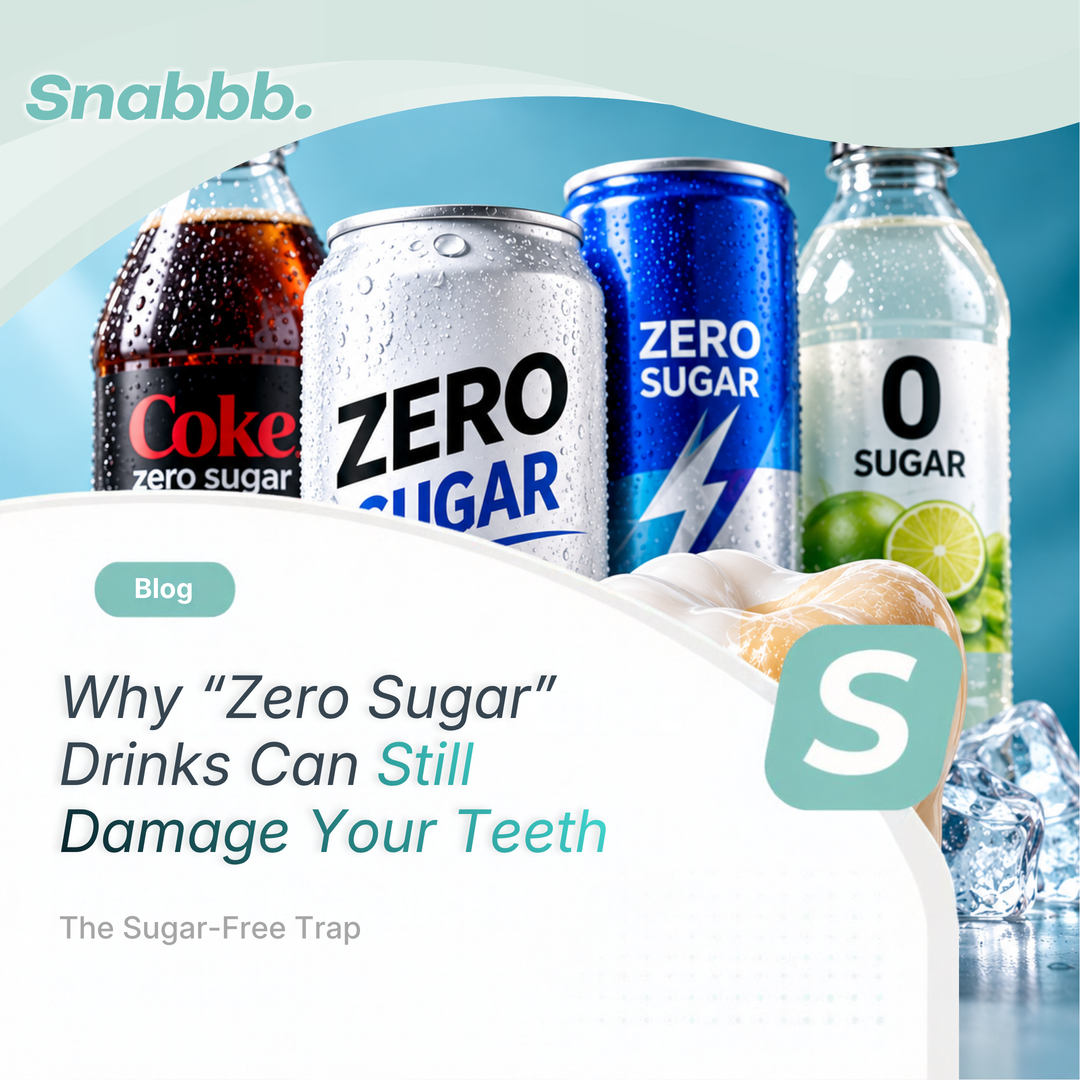 Zero-sugar soft drinks beside a partially eroded tooth, illustrating how acidic sugar-free beverages can still contribute to enamel erosion and tooth damage.