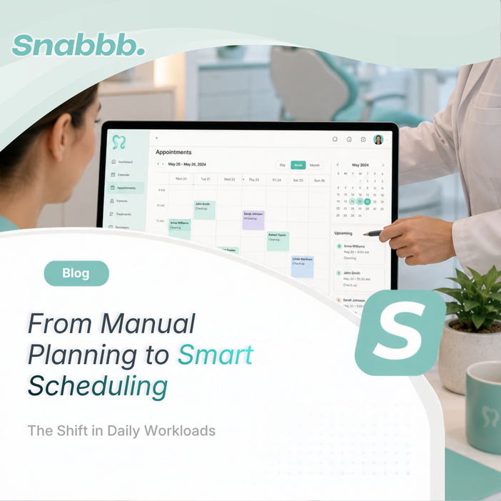 Dental clinic appointment management dashboard showing scheduled bookings, patient appointments, and an organised daily calendar in Snabbb.