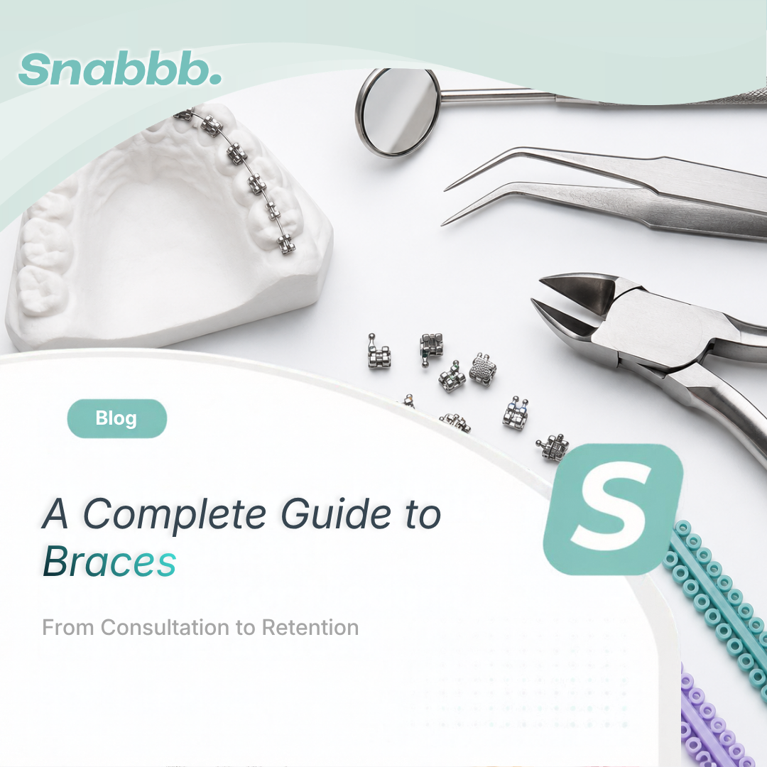 Patient with braces during orthodontic treatment, supported by Snabbb digital clinic management tools.