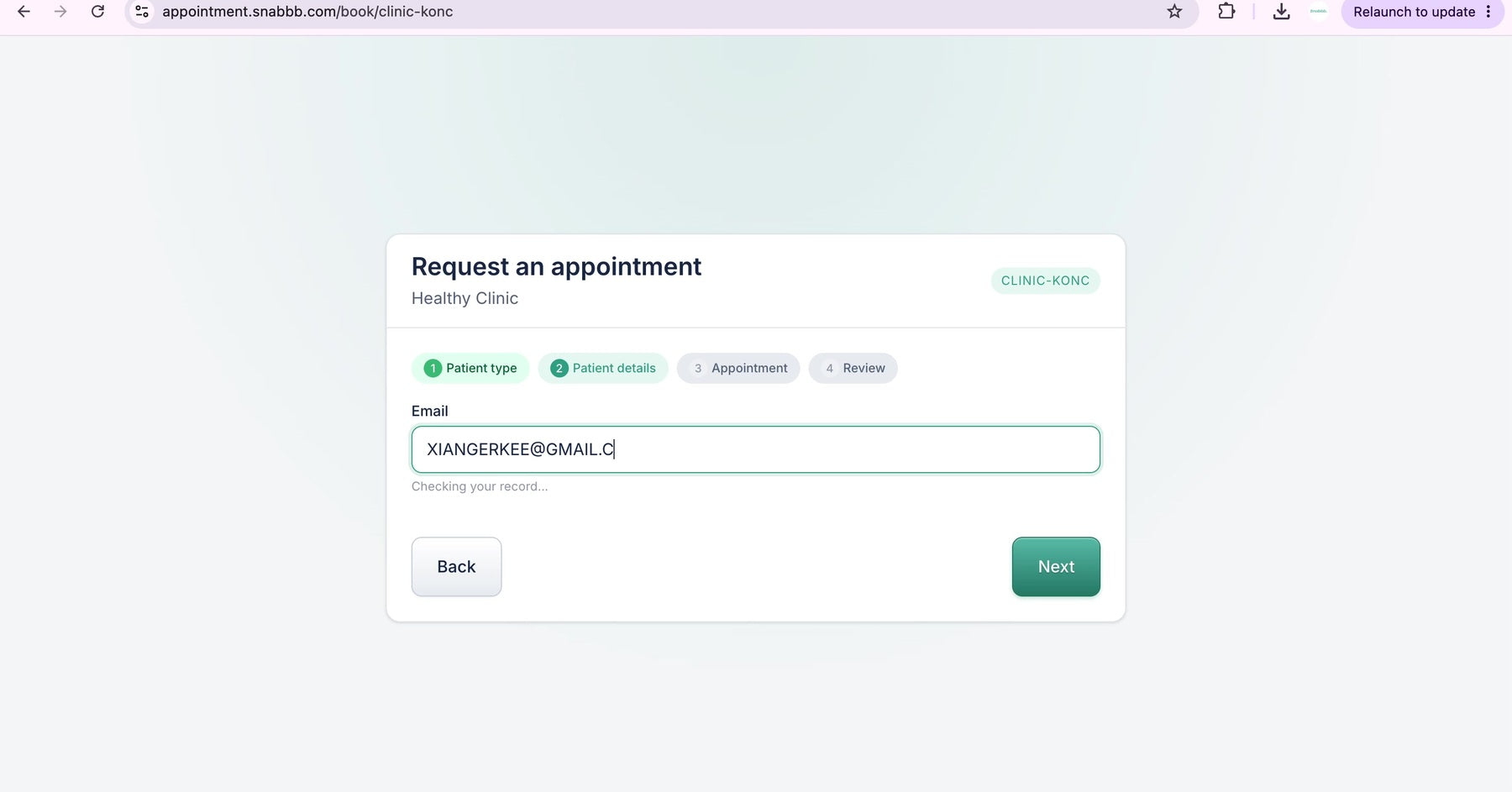 Snabbb Appointment patient booking link form