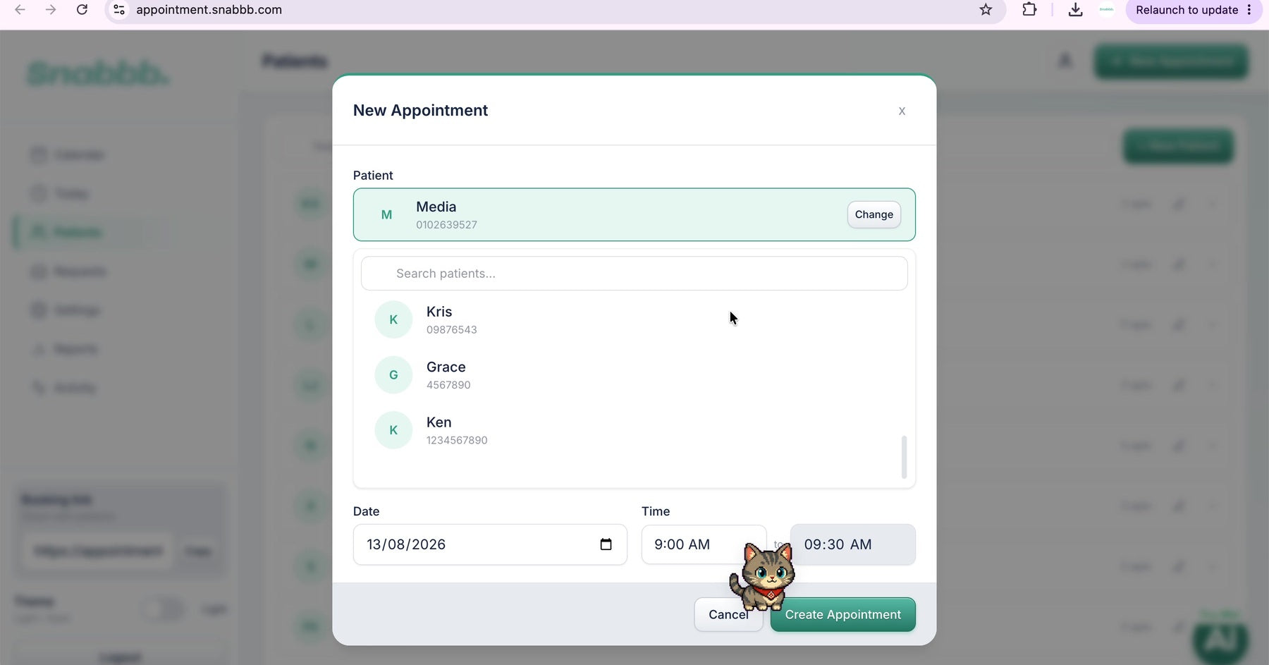 Snabbb Appointment manual appointment entry form
