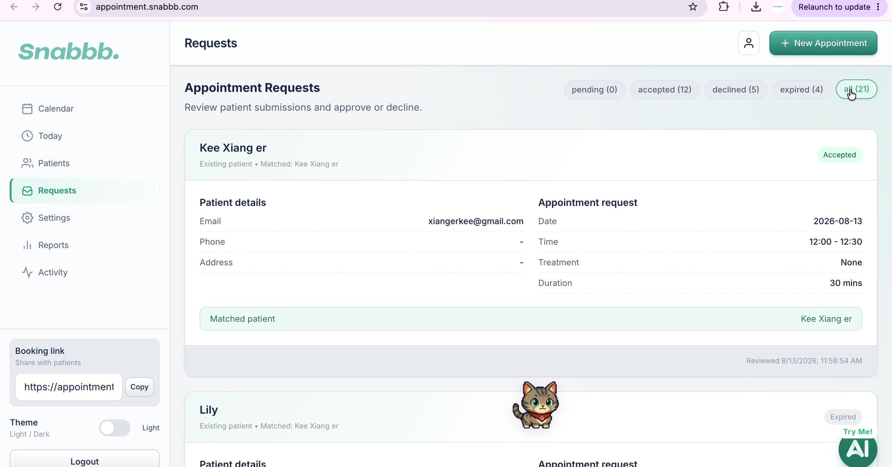 Snabbb Appointment requests overview