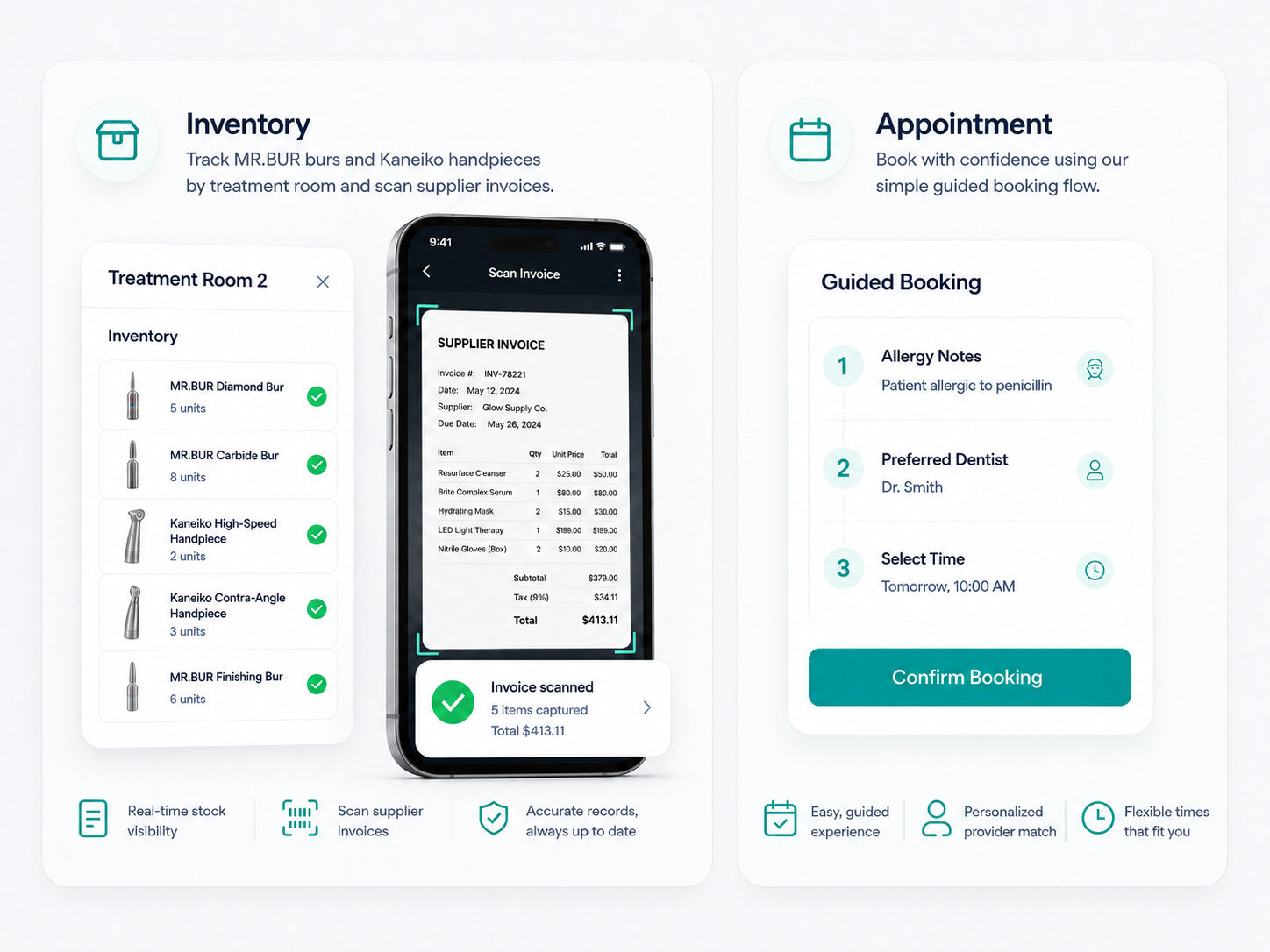 Inventory invoice scanning and appointment details with allergy notes and preferred dentist