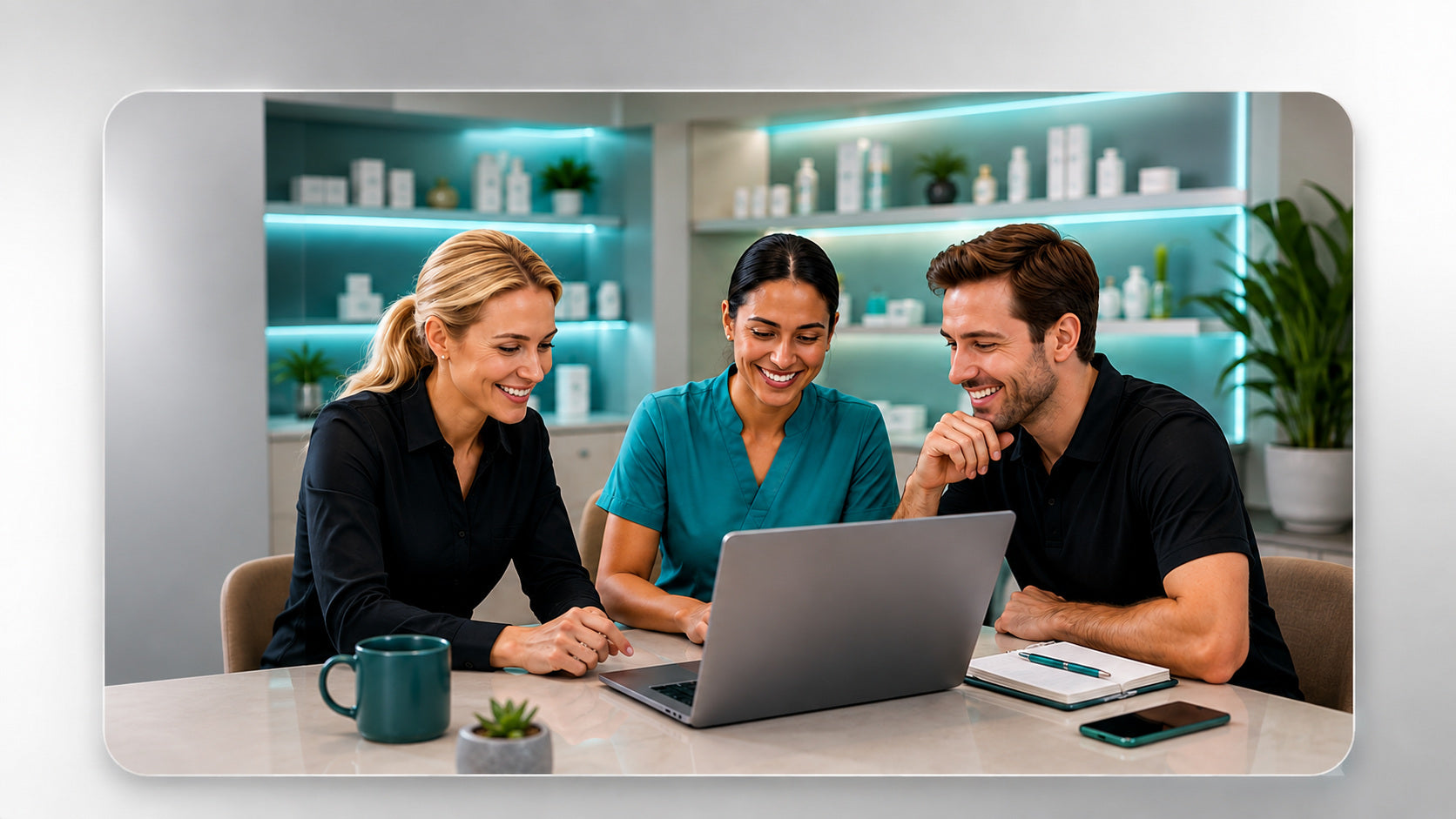 Dental clinic team collaborating together around a laptop