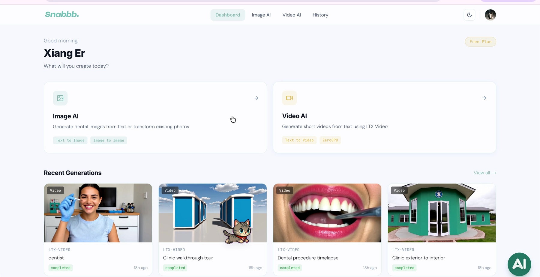 Snabbb Content Studio dashboard with recent generated content