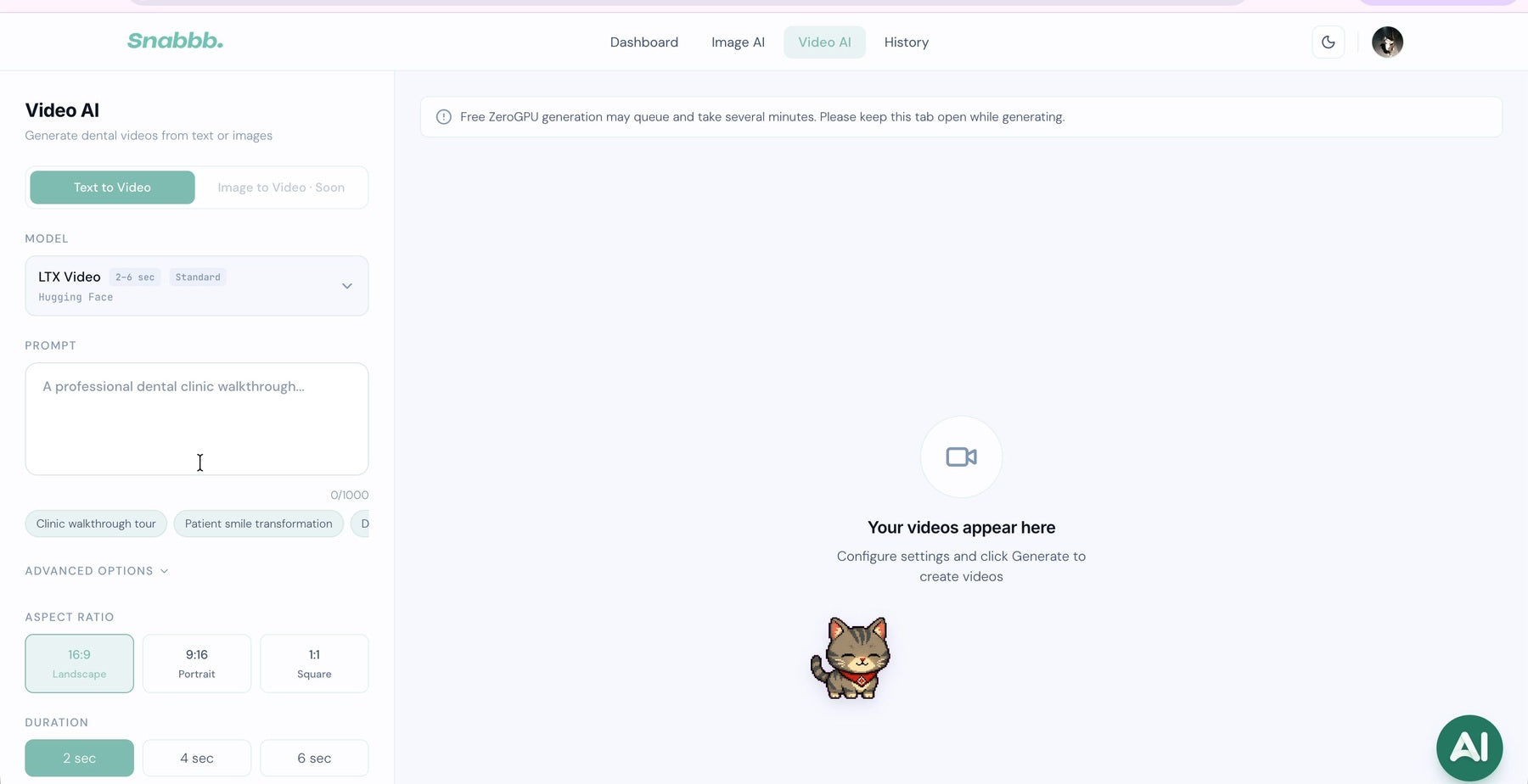Content Studio text to video generation settings