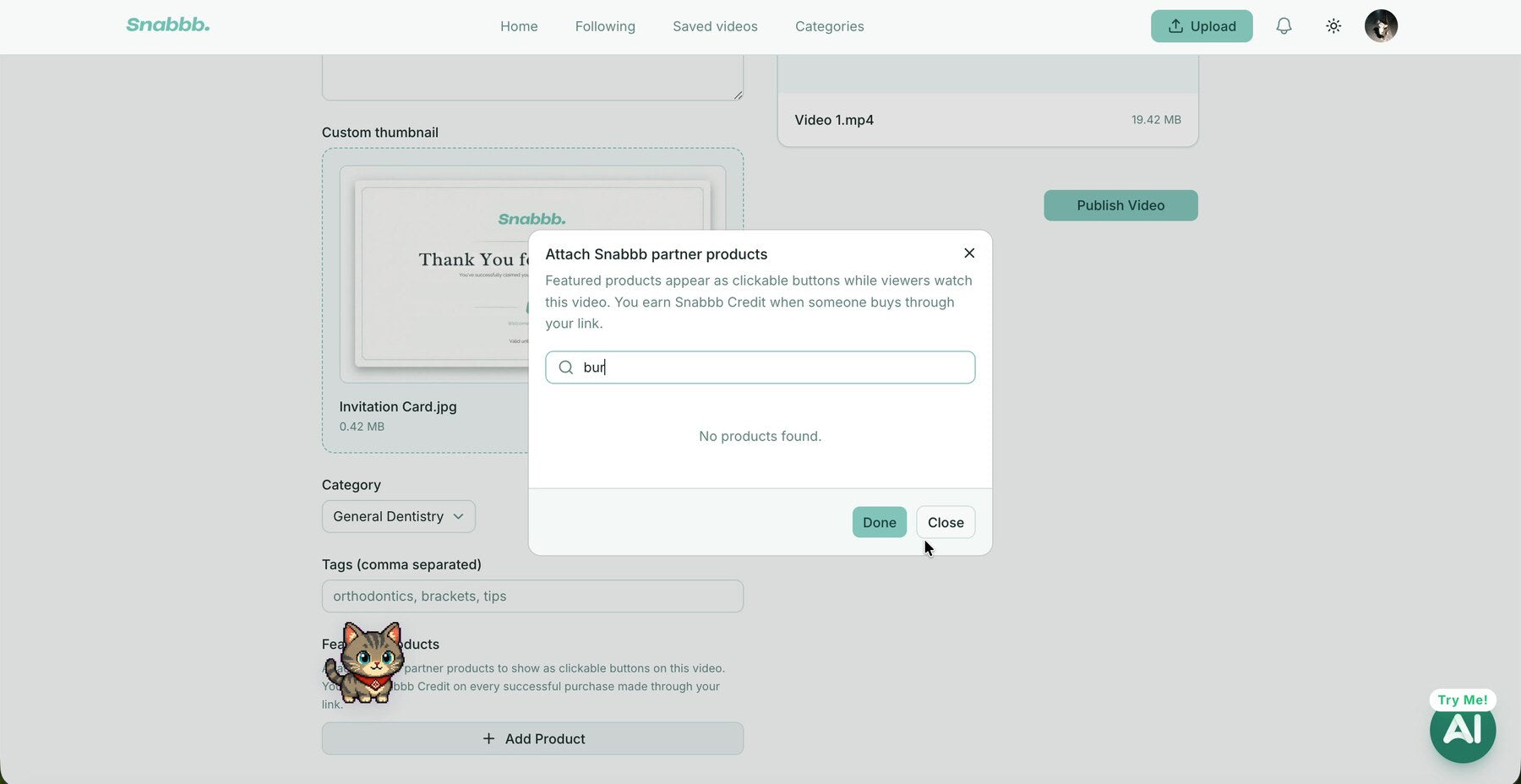 Attach Snabbb partner products to an E-Learning video