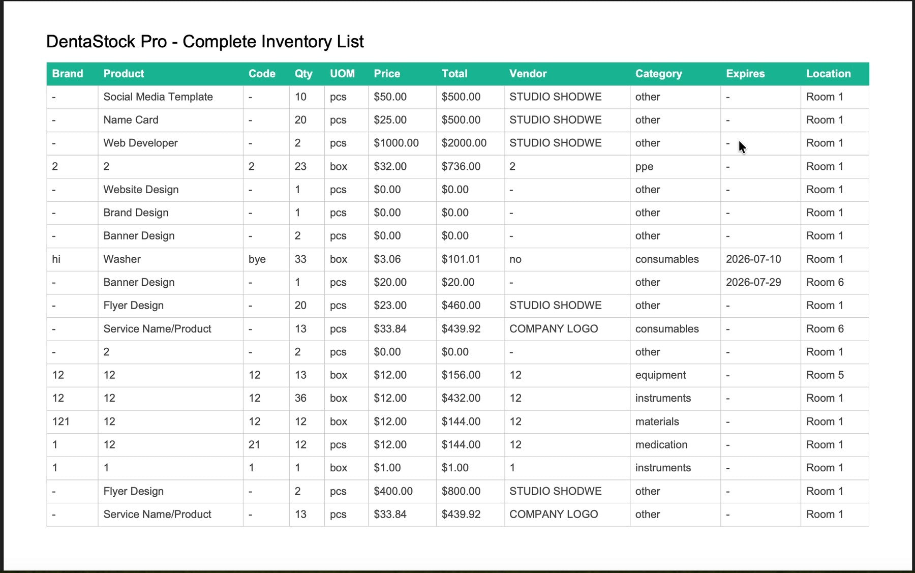 Snabbb Inventory exported PDF report