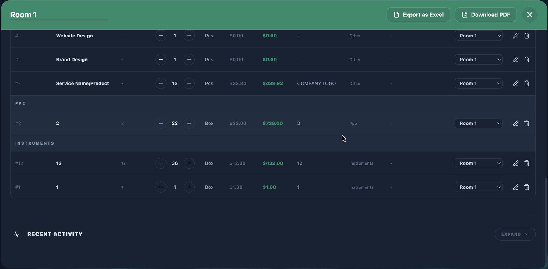 Snabbb room inventory table with quantity, category, vendor and location