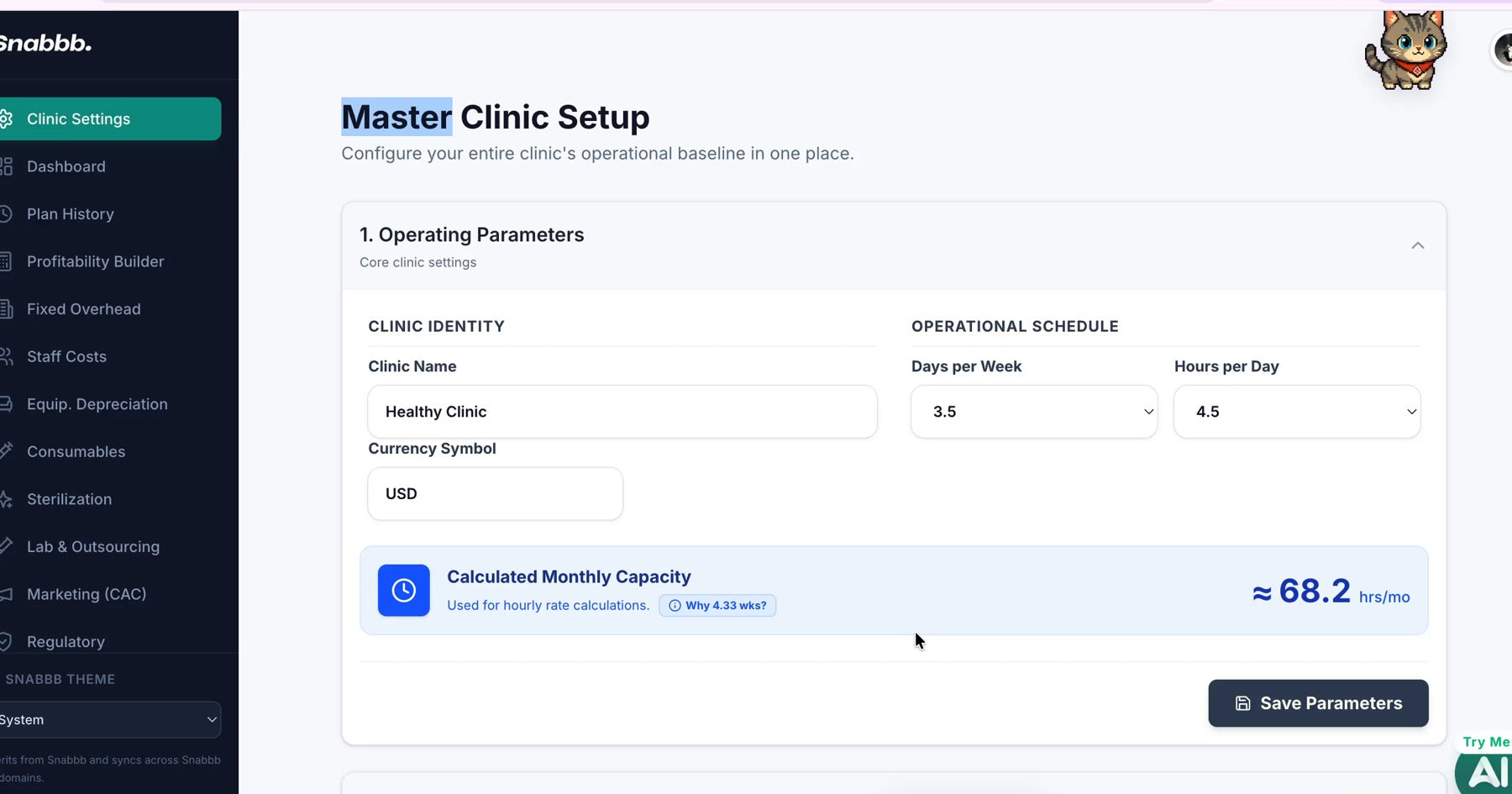 Snabbb Profit Calculator clinic settings with staff roster and asset register