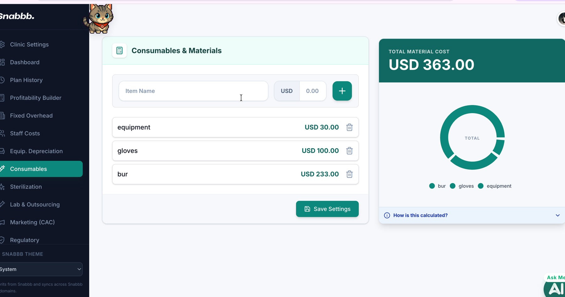 Snabbb consumables and materials cost calculator